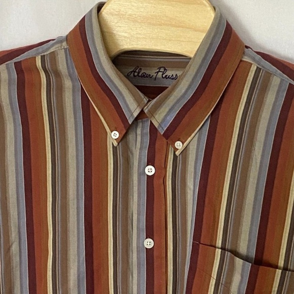 Alan Flusser Mens Brown Striped Shirt 2XL Long‎ Sleeve